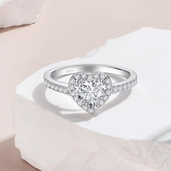 White Gold Heart CZ Simulated Diamond Ring, Cubic Zirconia 925 Sterling Silver - Picture 1 of 5
